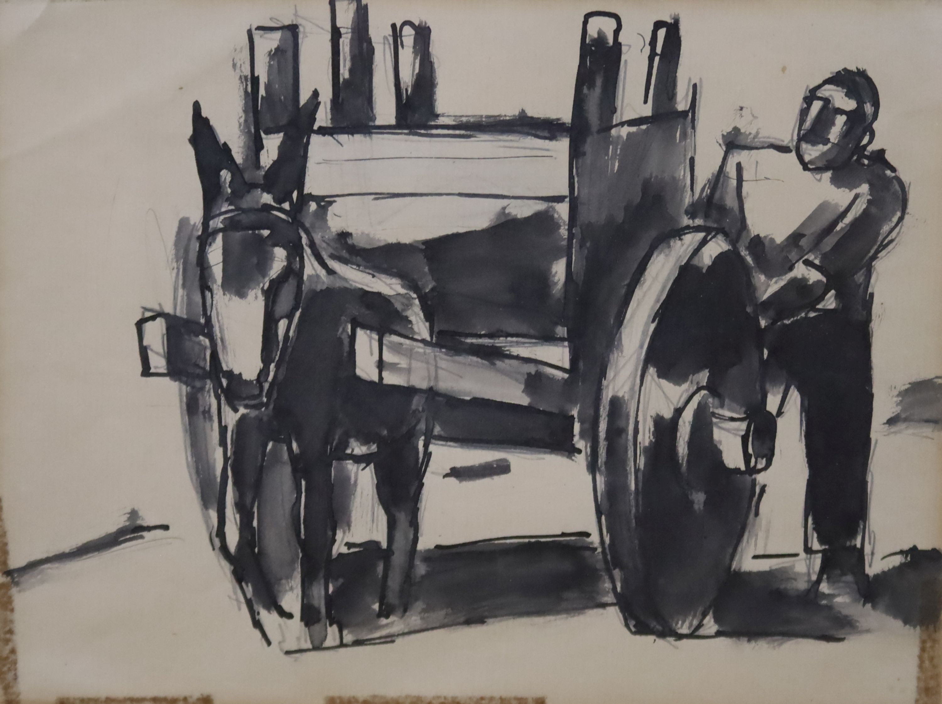 Josef Herman (1911-2000), pen and wash. 'The Cart Driver', with original bills of sale from Roland, Browse & Delbanco verso, 17 x 22cm